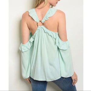 Mint Cold Shoulder Halter Ruffle Top
